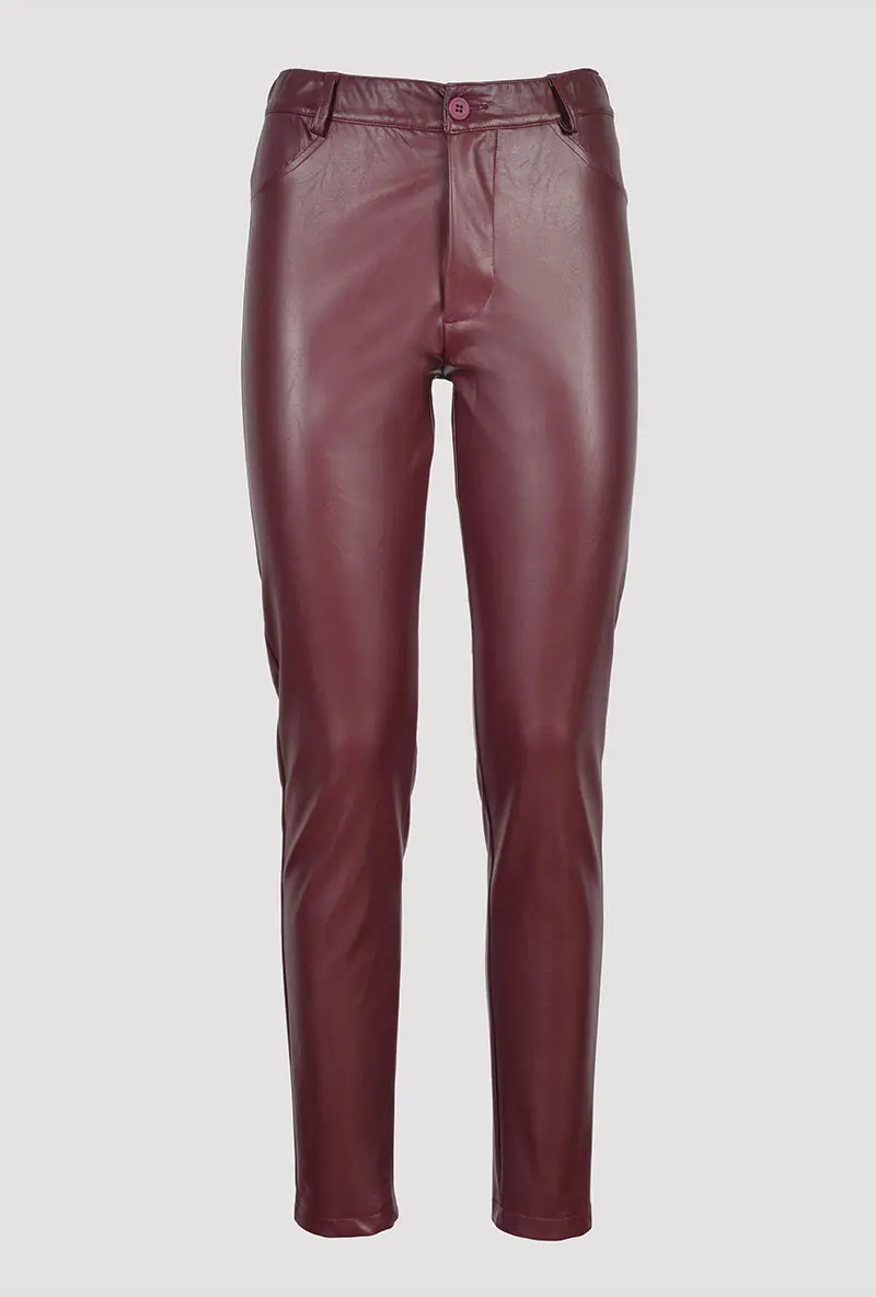 Pantalone Skinny Fit Stretch Bordeaux in ecopelle vista frontale